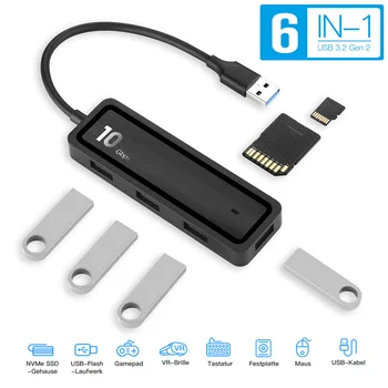 10 Гбит/с 6 в 1 USB-КОНЦЕНТРАТОР Адаптер Type-C к 4X USB 3.2 Gen 2 10 Гбит /с сверхскоростной USB C к USB-концентратору SD 2.0 TF 2.0