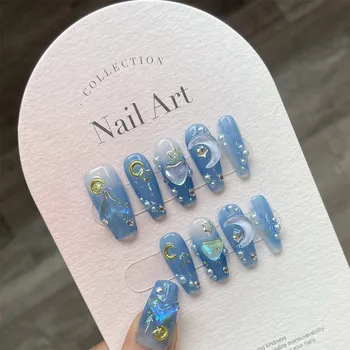 10шт Накладных ногтей ручной работы, длинные балетные синие накладные ногти с 3D рисунком из страз Ocean Moon, накладные ногти с полным покрытием на кончиках ногтей