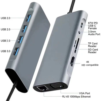 11 в 1 Док-станция USB-Концентратор 3,0 Type-c Разветвитель к USB-Адаптеру Устройство чтения карт памяти TF/SD Порт VGA Передача 5 Гбит/с для MacBook