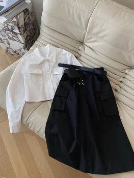 2023 Белая повседневная рубашка стандартный двойной карман эластичный пояс юбка с высокой талией юбка-карго set821