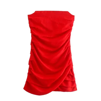 2023 новый зимний стиль, шикарное универсальное красное сексуальное атласное плиссированное мини-платье с открытыми плечами 3067321