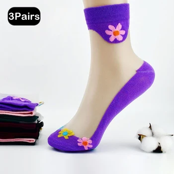 3 пары женских хрустальных шелковых носков, дышащих тонких мультяшных чулок, Летних носков с цветочным принтом, женских стеклянных шелковых носков с защитой от крючков