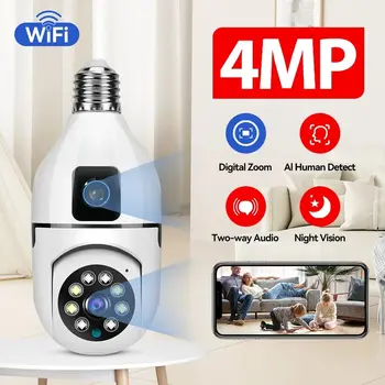 4MP E27 Двухобъективная Лампа Камера Приложение O-KAM WiFi 1080P Ночного Видения 360 PTZ Камера Слежения За человеком CCTV Монитор Безопасности Двусторонний Разговор