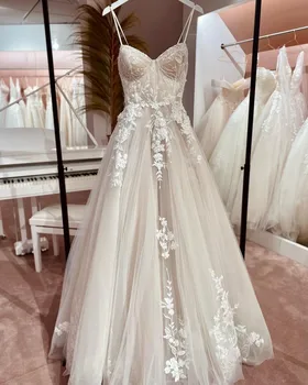 Eslieb сшитое на заказ свадебное платье трапециевидной формы с придворным шлейфом, кружевные аппликации, свадебное платье в виде сердечка 2023