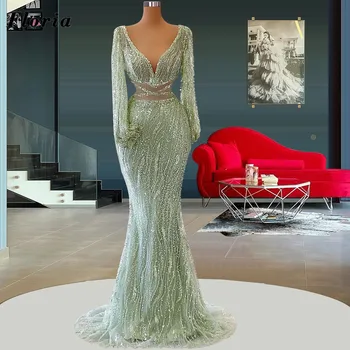Floria Haute Couture Зеленые вечерние платья с V-образным вырезом, Дубай, длинные рукава, блестящее платье для выпускного вечера с вырезом из бисера, вечерние платья для вечеринок 2022 г.