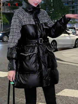 Fotvotee Зимнее пальто Женская пуховая куртка со стоячим воротником, утепленные теплые парки средней длины, винтажная уличная одежда, женская верхняя одежда