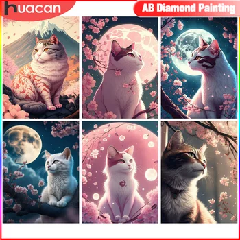 HUACAN Diamond Painting Полный Комплект Животное Кошка Полная Квадратная Круглая Мозаика Розовый Цветок Вишни Домашний Декор