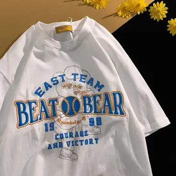INS 2022 Летние хлопковые бейсбольные футболки с вышивкой медведя, женские футболки в стиле хип-хоп с круглым вырезом, негабаритные футболки для пар, топы, панк-готическая одежда