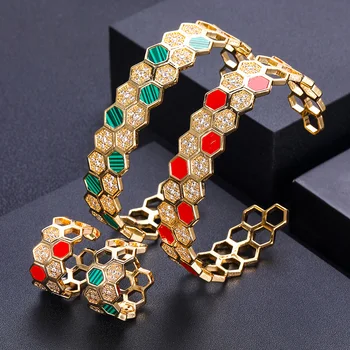 janekelly Luxury 2PCS Dubai Bangle Ring Set Модные Ювелирные Наборы Для Женщин Свадебные Обручальные brincos para as mulheres 2020