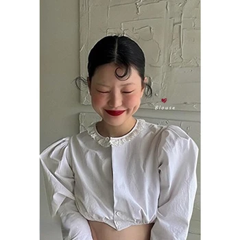 Korobov Ins/ Летние французские винтажные кружевные рубашки с круглым вырезом, блузка с пышными рукавами, женские комплекты одежды в стиле Edge of Fungus Design