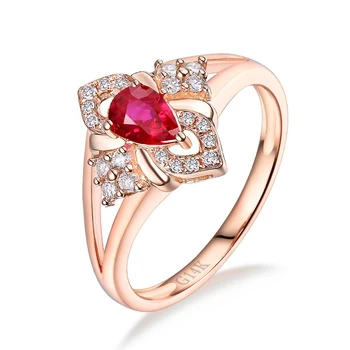 LANMI Pretty Red Ruby Кольцо с бриллиантом из настоящего розового золота 14 карат, Годовщина свадьбы, Ювелирные украшения оптом для женщин
