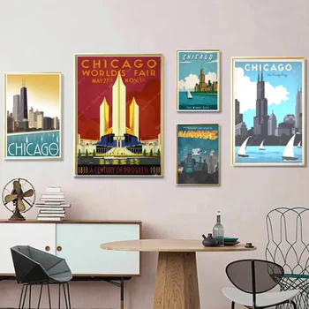 lllinois Чикаго Америка холст картины Винтаж стены Крафт плакаты с покрытием путешествия стены наклейки домашнего декора подарок