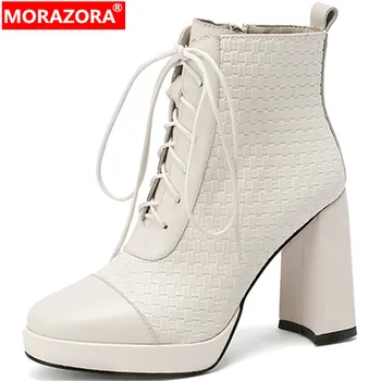 MORAZORA / 2022 Новые ботильоны на молнии; Популярная обувь на платформе на толстом высоком каблуке; Зимние женские ботинки из натуральной кожи;