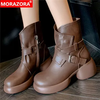 MORAZORA / 2023 Новые ботинки на платформе из натуральной кожи с пряжкой, Модные женские ботильоны на молнии, весенние ботинки на высоком квадратном каблуке