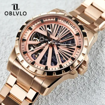 OBLVLO Розовое золото 316L Нержавеющая сталь Мужские Автоматические Механические часы Со Светящимся Скелетонирующим Циферблатом Сапфировое стекло Waterpoor 50M Watch