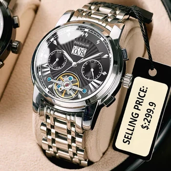 POEDAGAR Мужские часы Лучший бренд класса Люкс Автоматические Механические часы Водонепроницаемые светящиеся Деловые Мужские наручные часы из нержавеющей стали