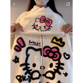 Sanrio Hello Kitty Толстовка На молнии Уличная Женская Kawaii Пальто Для Девочек 2024 Весна Новая Негабаритная Пара Свободный Топ Y2k Одежда 2000-х