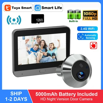 Smart Tuya 1080P 2.4 G WiFi Дверная камера с автоматическим датчиком Дверной глазок 4,3 ‘PIR Цифровой дверной просмотрщик Домашний Беспроводной дверной звонок