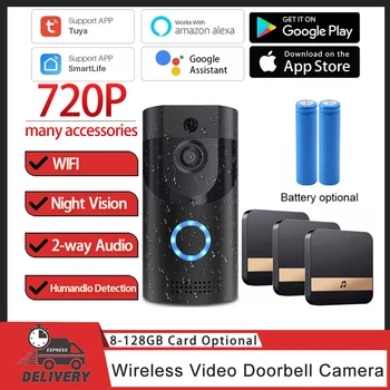 Tuya 720P HD Беспроводной WiFi видеодомофон, Водонепроницаемый PIR-дверной звонок, камера ночного видения, Двусторонний аудио Аккумулятор, Беспроводной дверной звонок