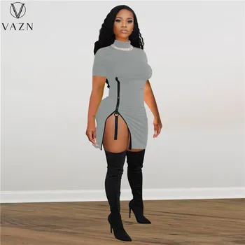 VAZN 2021 Новый топ на молнии, однотонная сексуальная водолазка с коротким рукавом, Однотонный Маленький Человечек, Сексуальное мягкое Женское тонкое мини-платье
