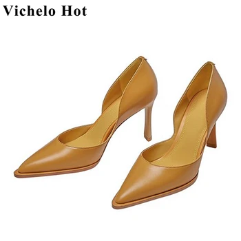Vichelo/ Жаркие летние туфли на мелкой подошве ins для вечеринки, пикантные туфли-лодочки на очень высоком каблуке с острым носком из натуральной коровьей кожи желтого цвета l02
