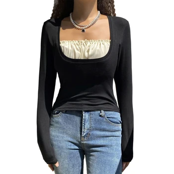 Xingqing Fairycore Лук с глубоким вырезом и длинным рукавом Осень 2021 Женская мода Эстетичные Черные футболки Сексуальная Винтажная одежда E Girl