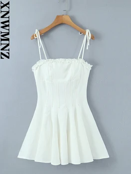 XNWMNZ 2023 Женское модное платье с оборками, женское праздничное платье с регулируемым плечевым ремнем и рюшами на подоле, женские шикарные мини-платья