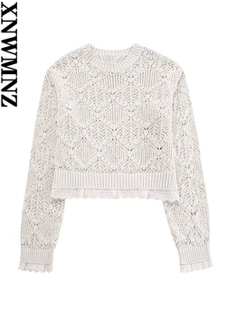 XNWMNZ Женская мода 2023, осень-зима, вязаный свитер с кружевной отделкой, женский винтажный пуловер с круглым вырезом и длинным рукавом, универсальный женский пуловер.