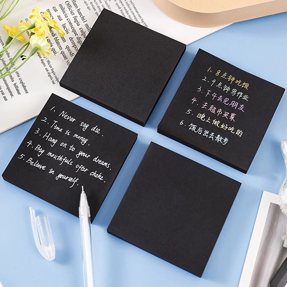 50 Листов черных суперлипких заметок, самоклеящиеся блокноты для заметок для офиса, школьные канцелярские принадлежности, креативные заметки-напоминания Изображение 0