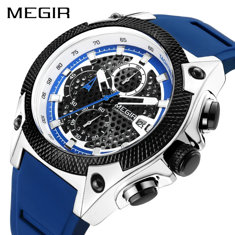 MEGIR Мужские спортивные часы Relogio Masculino С синим силиконовым ремешком Мужские часы Лучший бренд класса Люкс, светящиеся водонепроницаемые кварцевые часы Man Изображение 0
