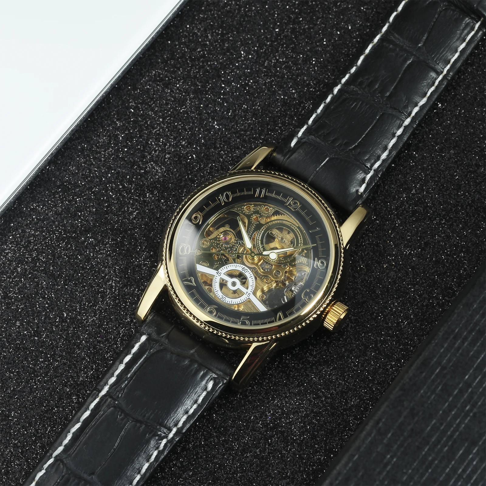ORKINA, мужские часы со скелетом из черного золота, лучший бренд, Роскошный кожаный ремень, Классические механические часы со светящейся стрелкой, деловые наручные часы Изображение 0