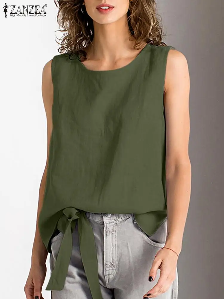 ZANZEA Элегантная однотонная блузка для женщин, Летняя Свободная рабочая рубашка, женские топы на бретелях без рукавов с круглым вырезом, повседневные блузки на шнуровке, туника Изображение 0