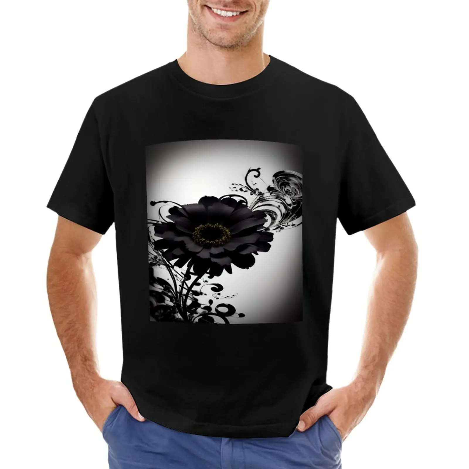 Атласный Черный Большой Цветок со Стеблями и Листьями, Кружащимися на Сером фоне Футболки, графические футболки, мужские футболки с коротким рукавом Изображение 0