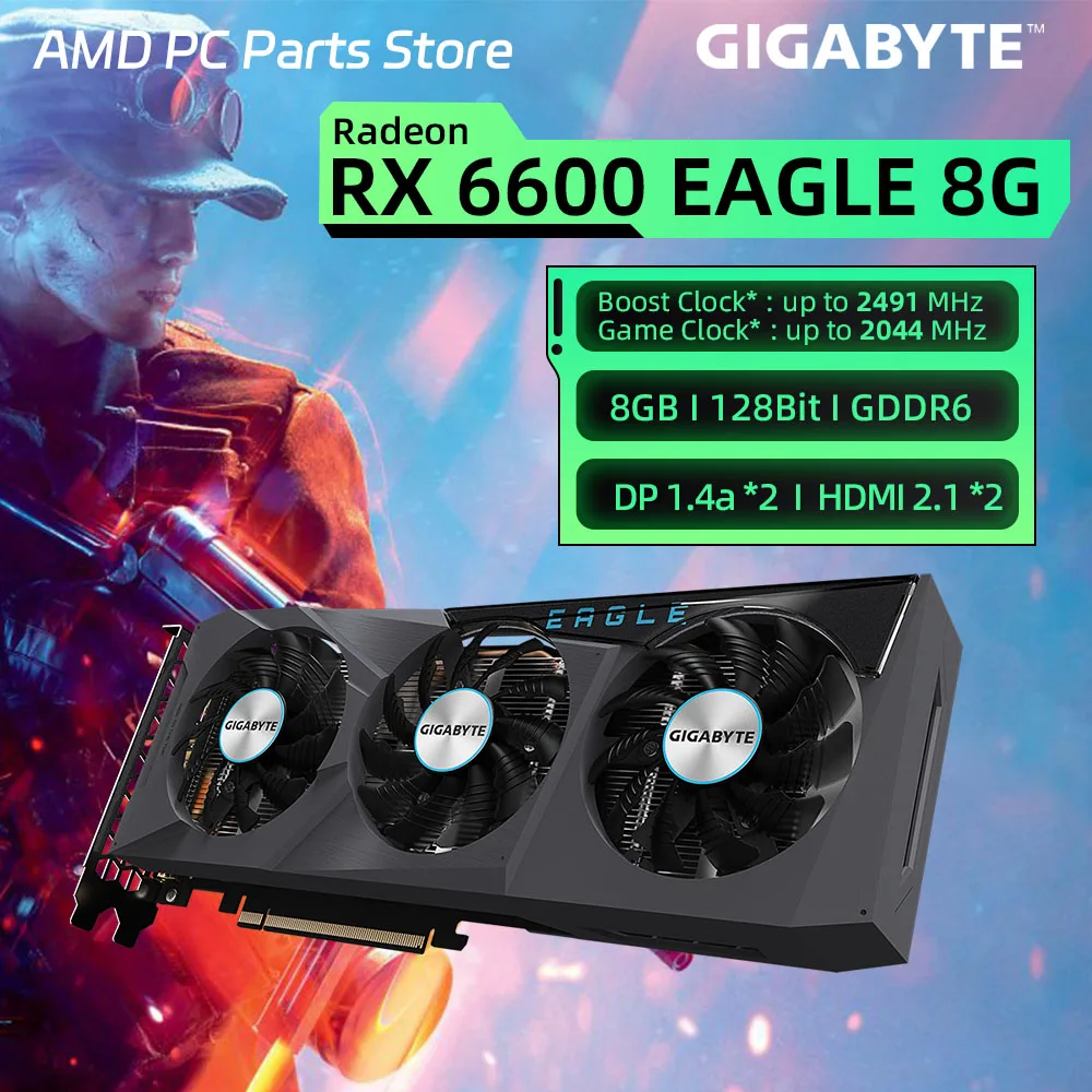Видеокарты GIGABYTE Radeon RX6600 EAGLE 8G GDDR6 2491 МГц 128-битная Видеокарта Vedio PCIe 4.0 RX 6600 GPU Для Gaming place mae Изображение 0