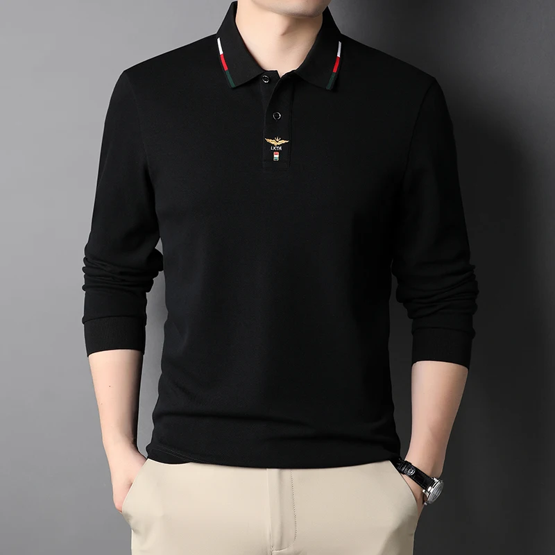 Высококачественная рубашка поло из 100% хлопка с модной вышивкой и длинным рукавом, мужская осенняя деловая повседневная футболка с отворотом, роскошная мужская одежда Изображение 0