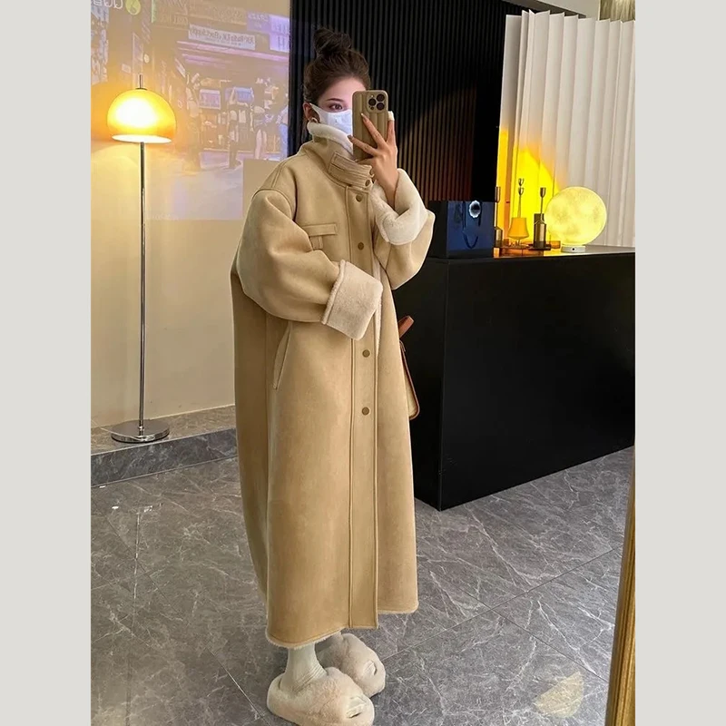 Высококачественные теплые пальто из искусственного ягненка, Женская Зимняя Корейская Элегантная однотонная утепленная Длинная куртка, Женская Свободная универсальная верхняя одежда из смесей Изображение 0