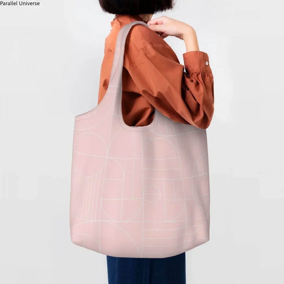 Геометрическая линия цветного блока Bauhaus, современная сумка для покупок в продуктовых магазинах, женская холщовая сумка для покупок через плечо, сумка большой емкости Изображение 0