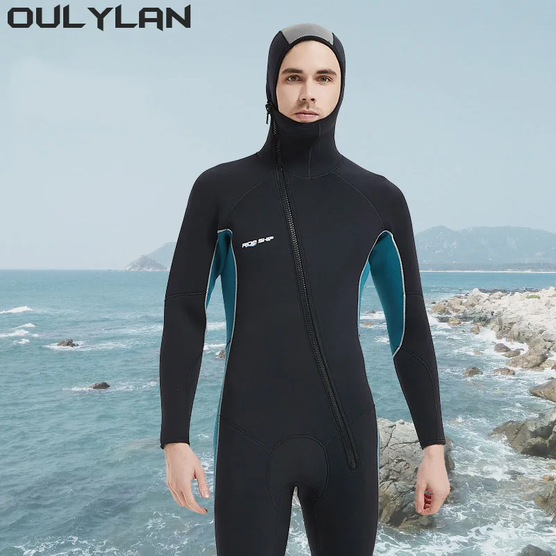 Гидрокостюм с капюшоном 5 мм и диагональной застежкой-молнией спереди для защиты от холода и тепла, гидрокостюм для серфинга, плавания, гидрокостюм для фридайвинга Изображение 0