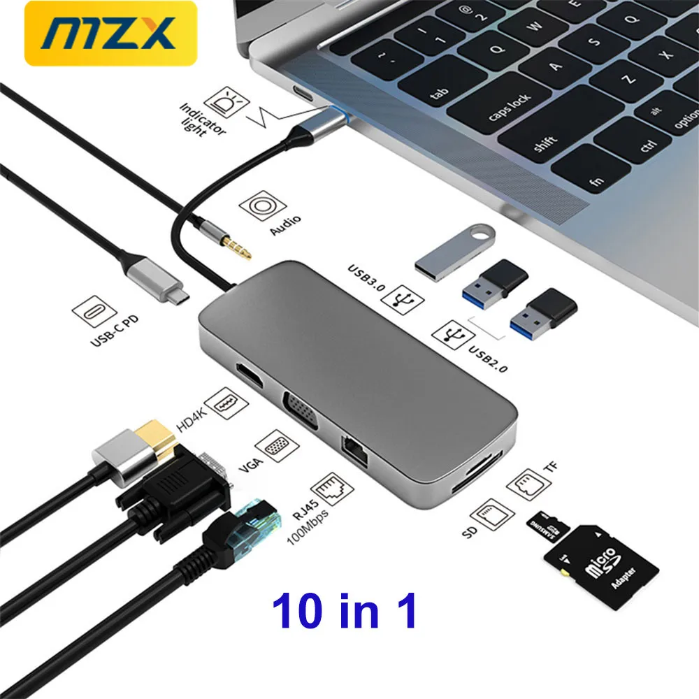 Док-станция MZX 10-в-1 USB-концентратор 3 0 C Типа RJ45 100M Ethernet PD VGA SD TF Кард-ридер Аудио 3,0 2,0 4K Совместим с HDMI Изображение 0