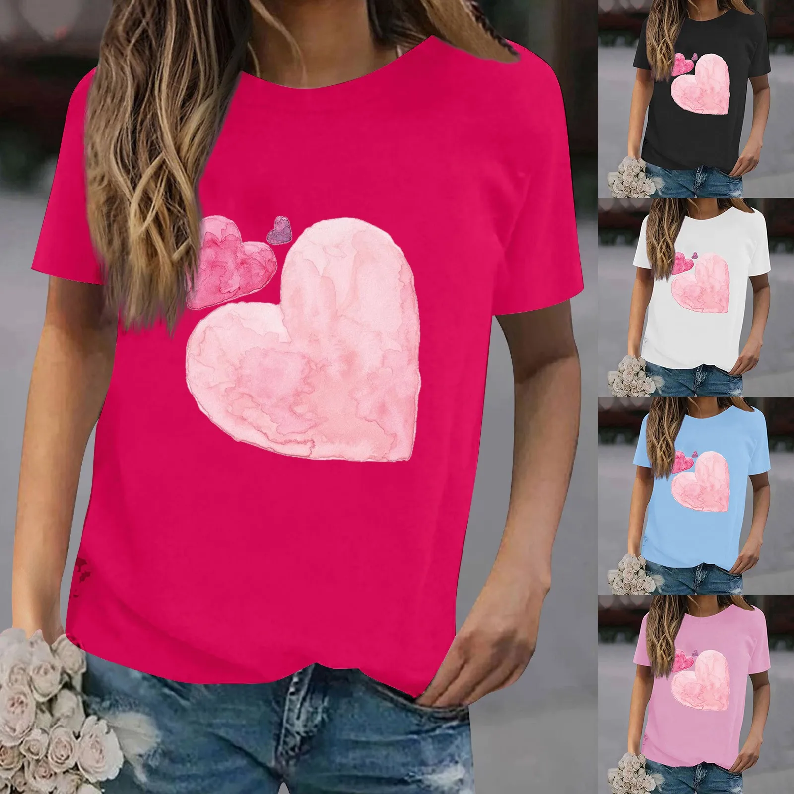 Женская новая летняя футболка с круглым вырезом и короткими рукавами с простым принтом любви на День Святого Валентина, повседневный топ Изображение 0