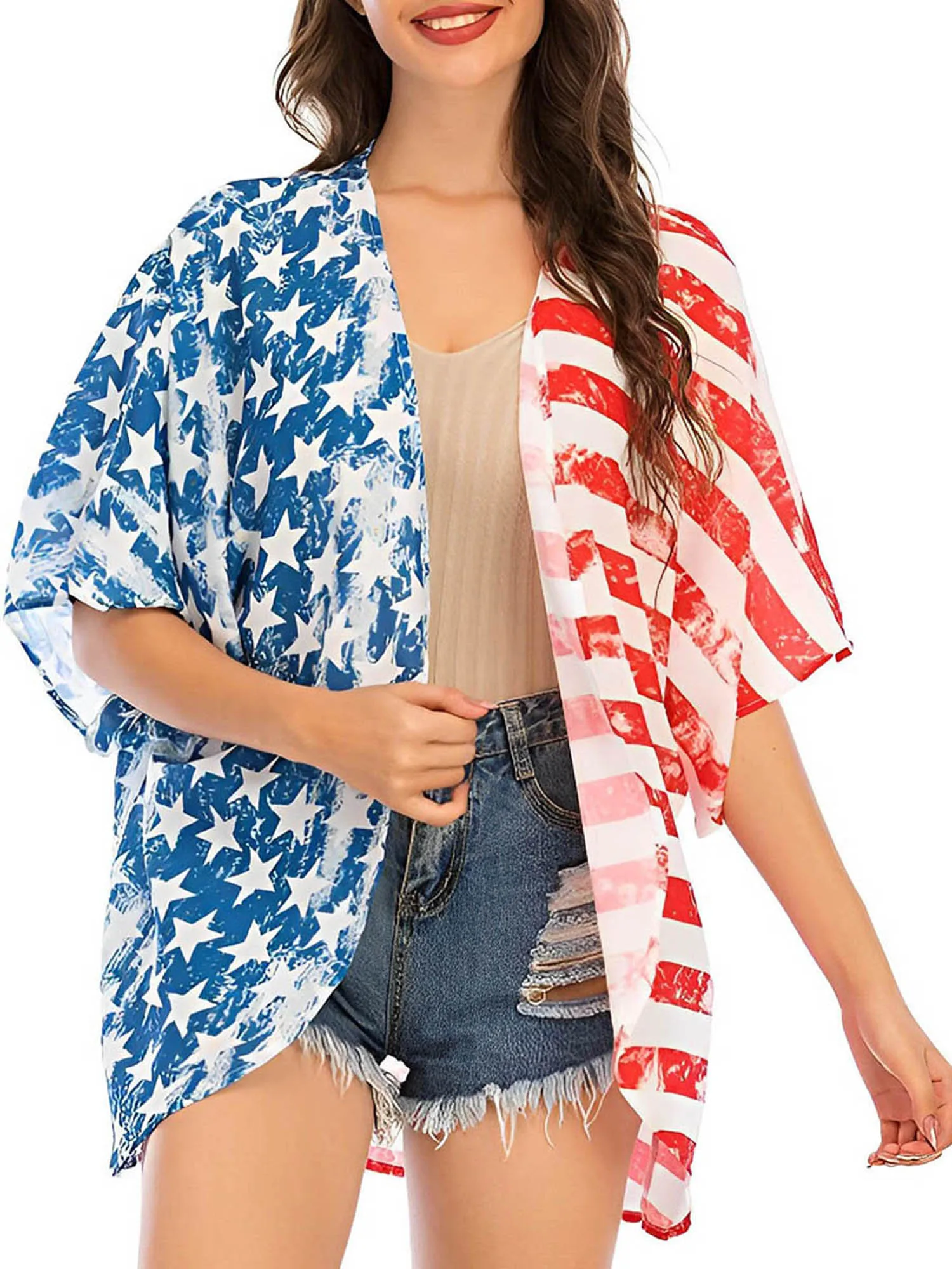 Женская патриотическая рубашка-кардиган Четвертого июля - Повседневная свободная блузка с открытой передней частью - Стильные топы для Изображение 0