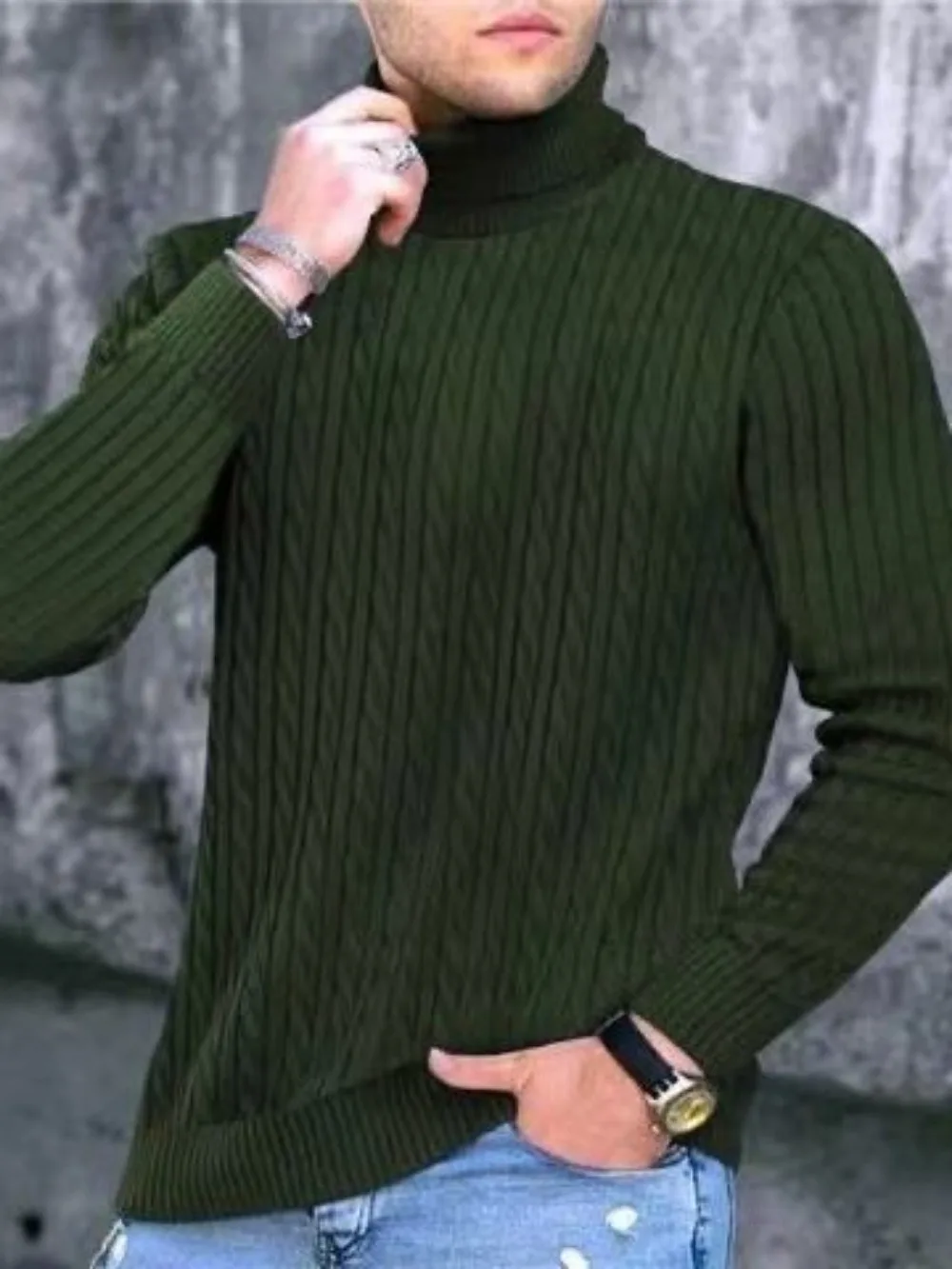 Зимний Повседневный Свитер-пуловер с высоким воротом Для мужчин, Модный Теплый Вязаный Шерстяной свитер-пуловер с высоким воротом и длинными рукавами для мужчин на открытом воздухе Изображение 0