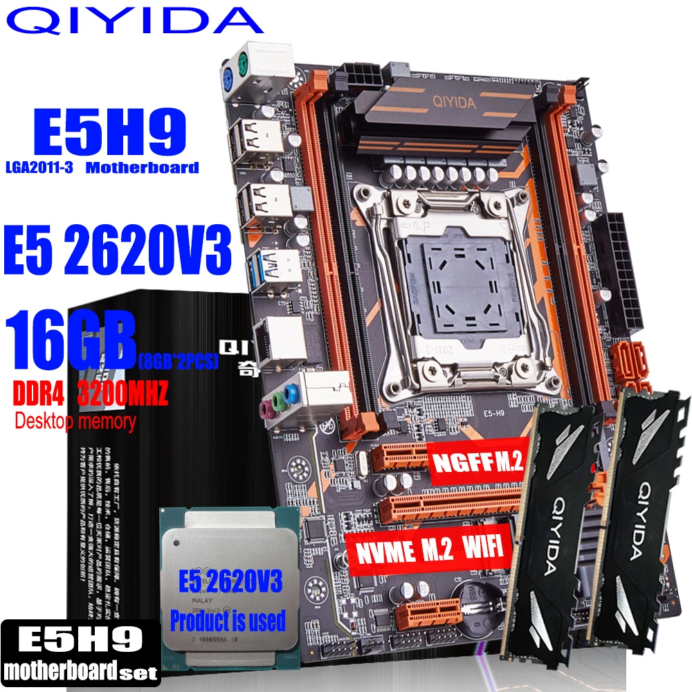 Комплект материнской платы Qiyida X99 LGA2011-3 E5 2620V3 2шт * 8 гб = 16 ГБ 3200 МГц DDR4 4 канала SATA 3.0 nvme M.2 Изображение 0