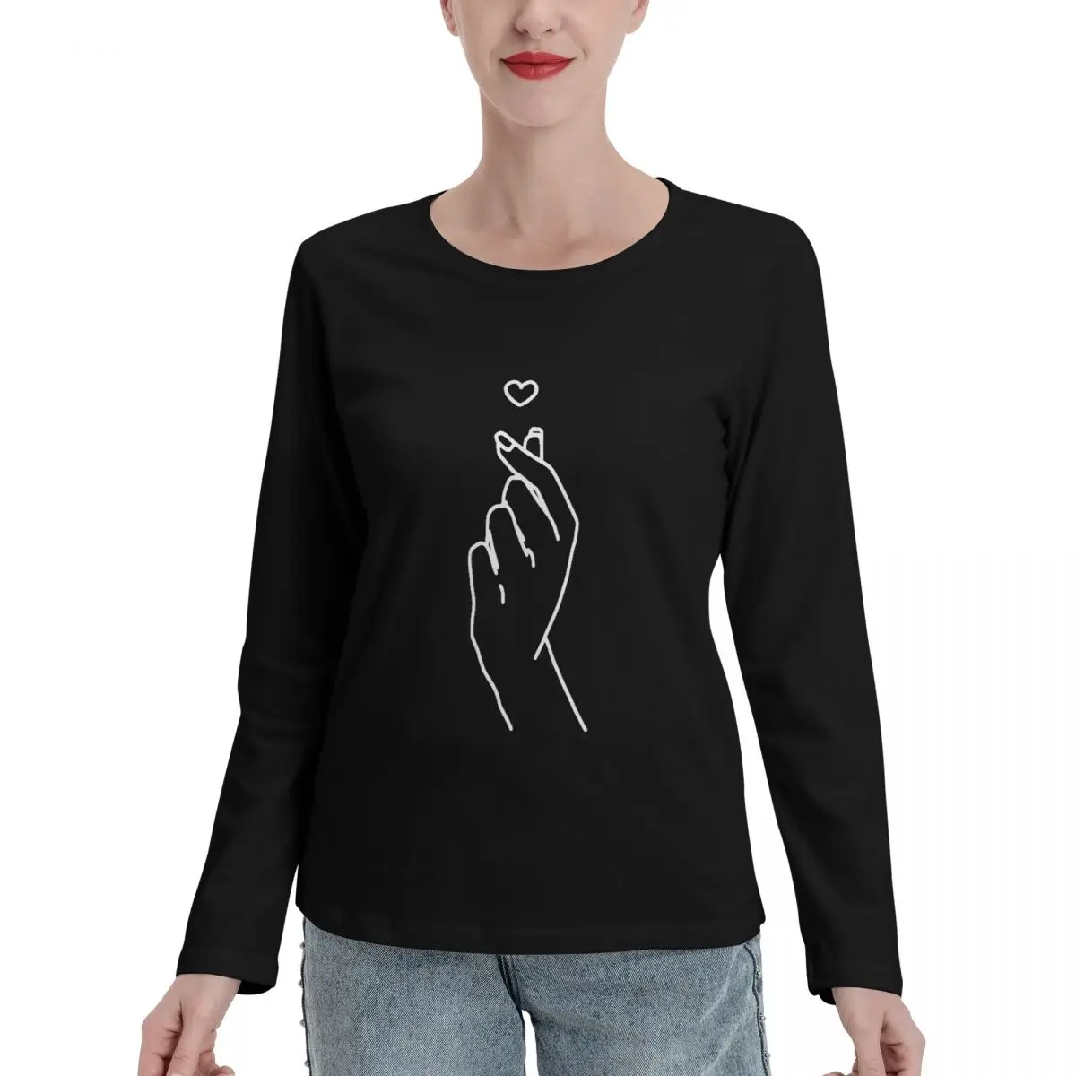 Корейские футболки с длинным рукавом Finger Heart Kpop, забавная футболка, милая одежда, модная женская блузка 2023 года Изображение 0