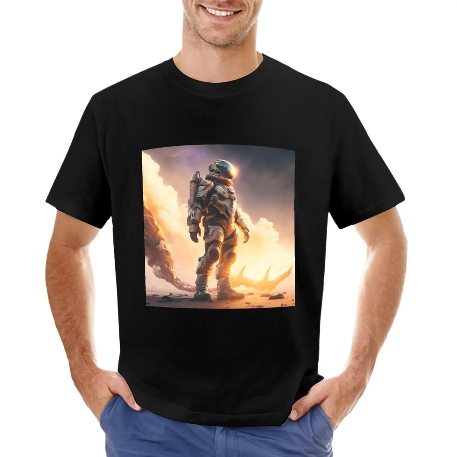 Космонавт в золотых часах - Футболка с Космическим художественным принтом, графические футболки, мужская футболка Изображение 0