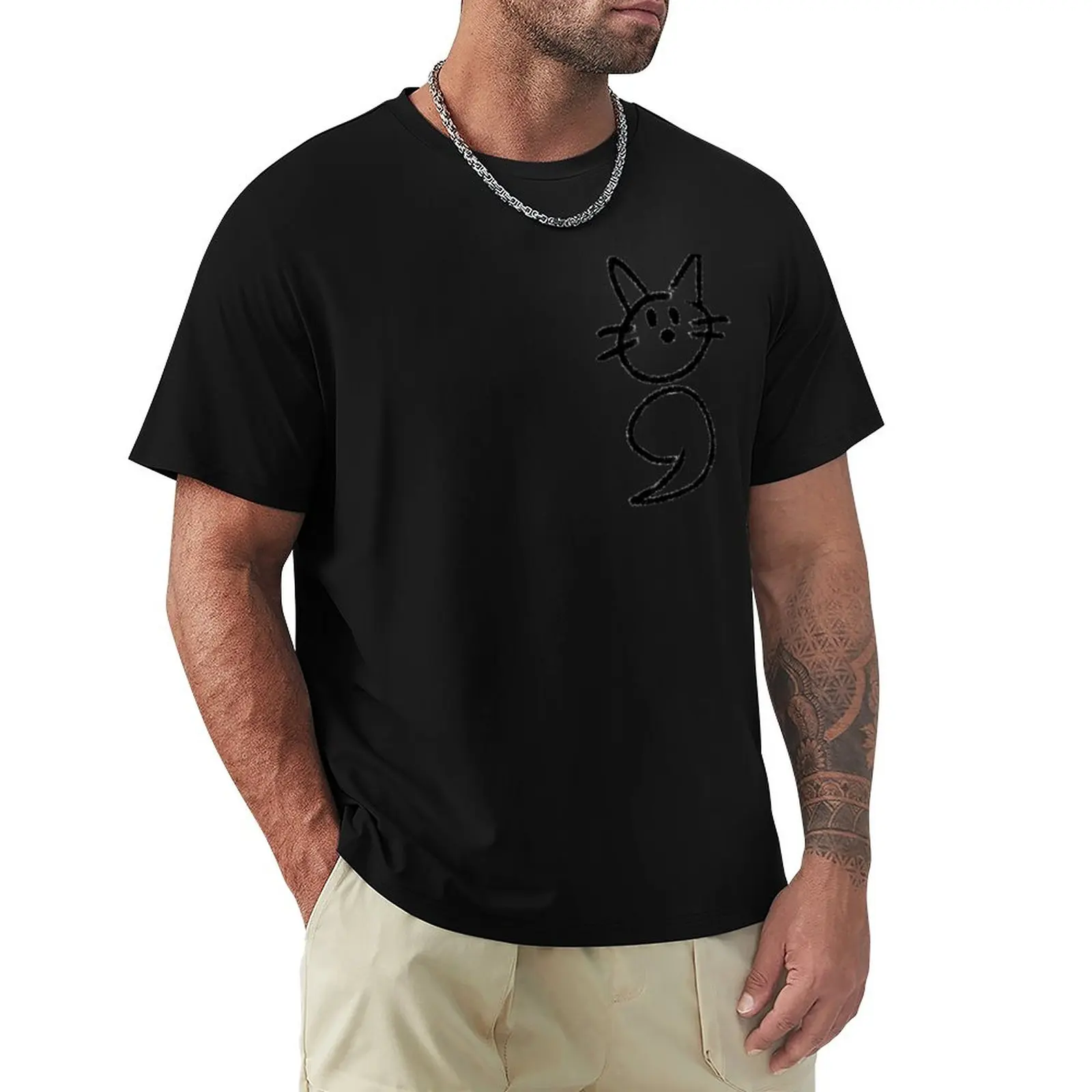 Кошка с запятой (старая версия, черная), футболка, Эстетическая одежда, летний топ, футболка с коротким рукавом, мужская Изображение 0