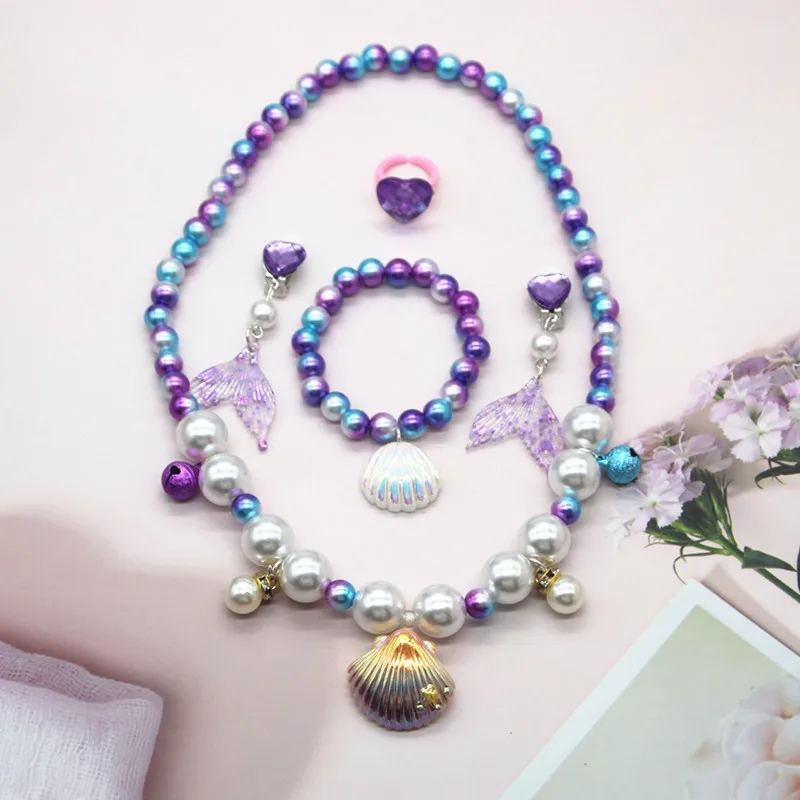 Красочный мультяшный ювелирный набор, ожерелье с Русалочкой, браслет, кольцо, ракушка, Маленькая девочка, принцесса, Имитация жемчуга, Детские украшения для девочек Изображение 0