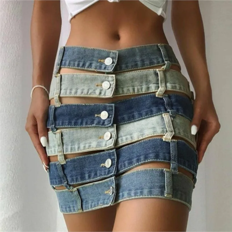 Летняя юбка Женская 2023 Новый полый дизайн Модная сумка Хип Джинсовая юбка Бесплатная доставка Изображение 0