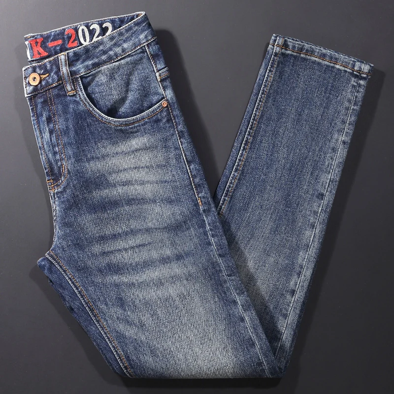 Модные дизайнерские мужские джинсы, высококачественные синие эластичные облегающие винтажные джинсы с вышивкой, мужские повседневные джинсовые брюки Homme Изображение 0
