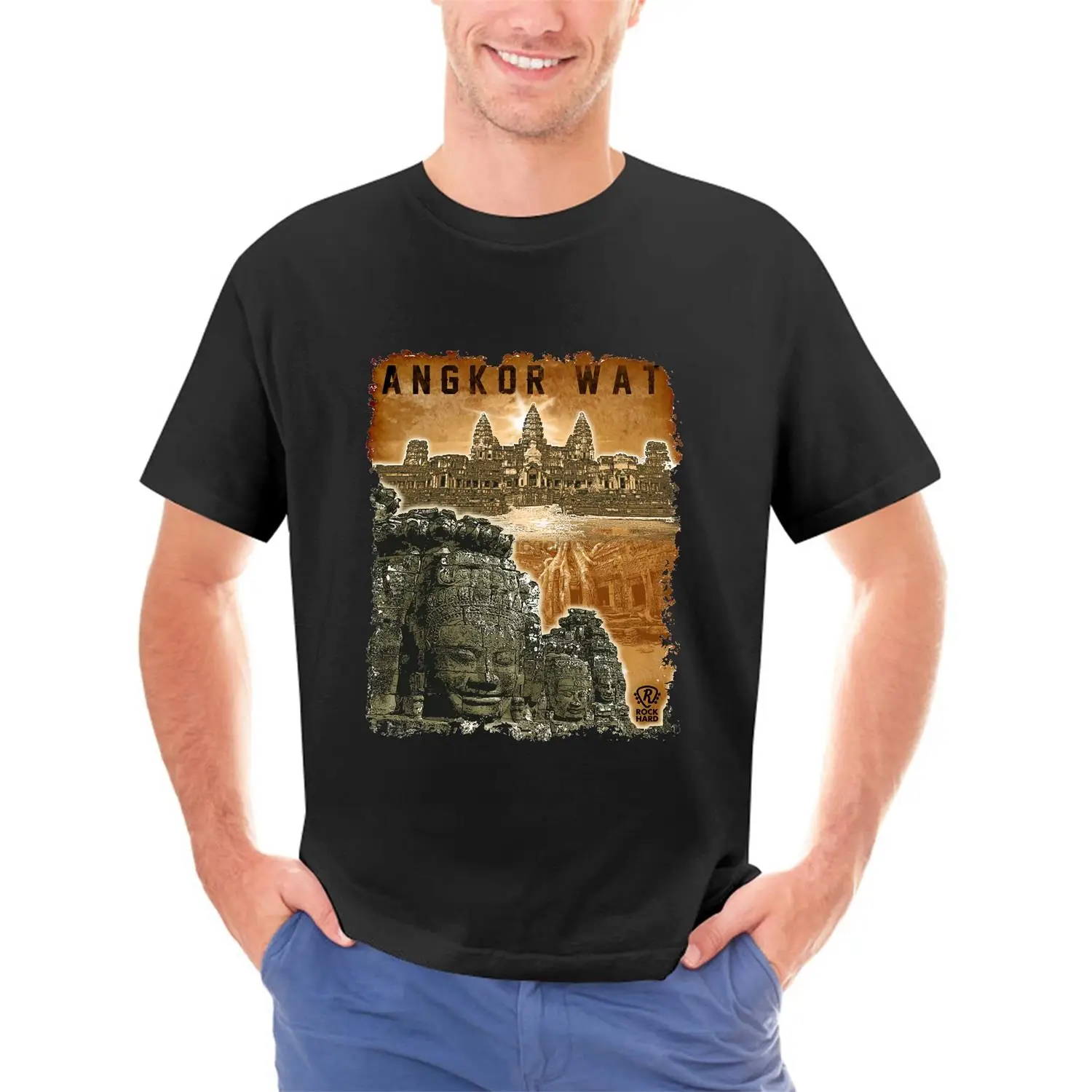 Мужская футболка с принтом, хлопковая футболка с круглым вырезом и коротким рукавом, женская футболка с персонажем Ангкор-Вата в новом стиле Изображение 0